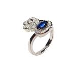 Adjustable Ring with Blue Stone and Diamond Floral Design