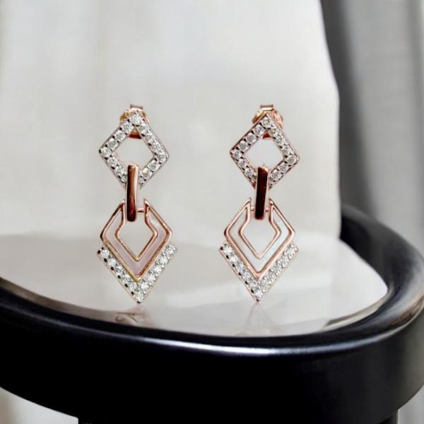 Earrings of Harlequin Shape with MOP and Inlaid Cubic Zirconia Rose Gold Plating