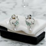 Earrings of Green Butterfly and Leaf Combination with Pearl