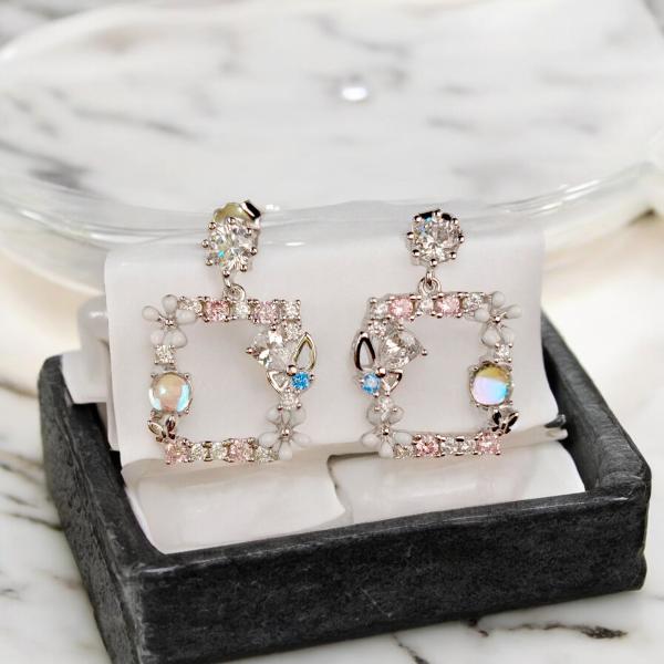 Earrings with Butterfly & Floral Design, Pink and Blue Stone