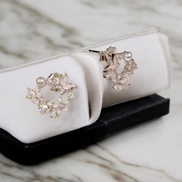 Earrings with Light Pink Butterfly and White Flower