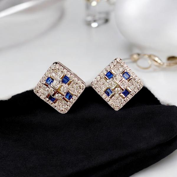 Earrings of Square Shape with Blue Stone and Cubic Zirconia