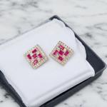 Earrings of Square Shape with Red Stone and Cubic Zirconia