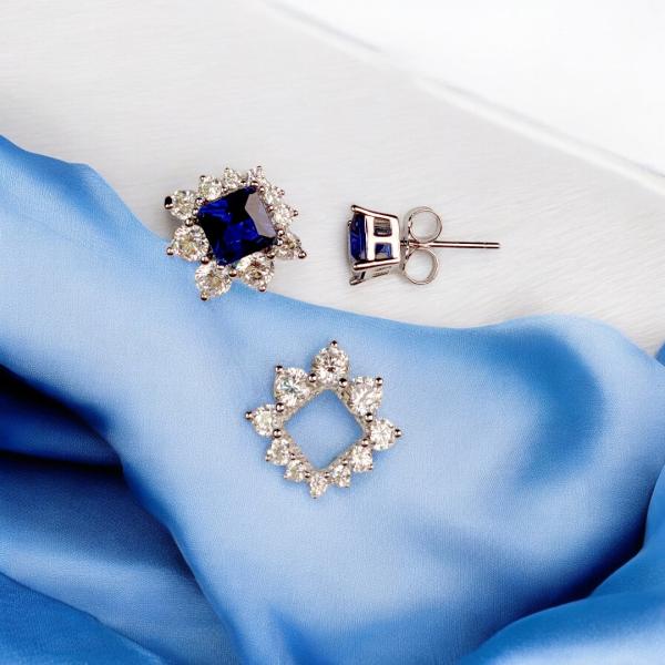 Earrings of Square Shape with Blue Stone and Detachable Cubic Zirconia