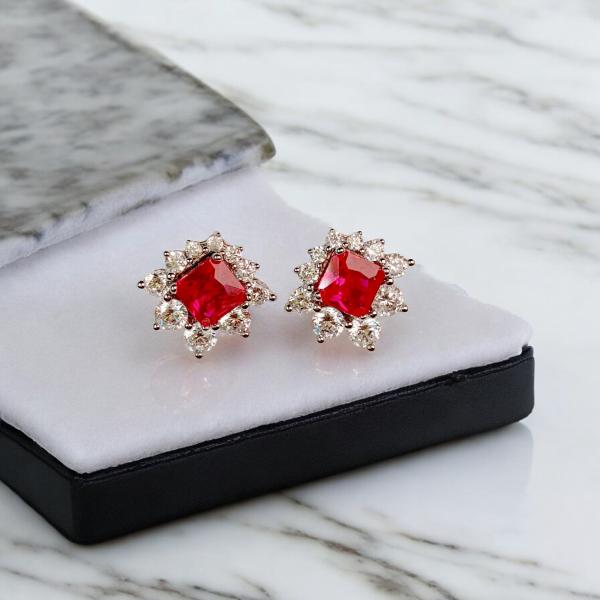 Earrings of Square Shape with Red Stone and Detachable Cubic Zirconia